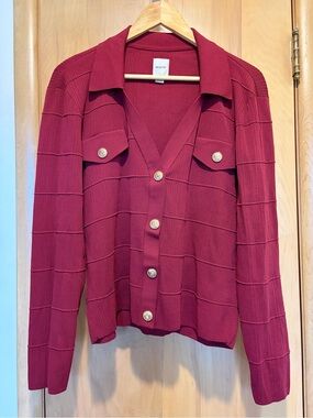 Maeve Burgundy Button-Front V-Neck Knit Cardigan